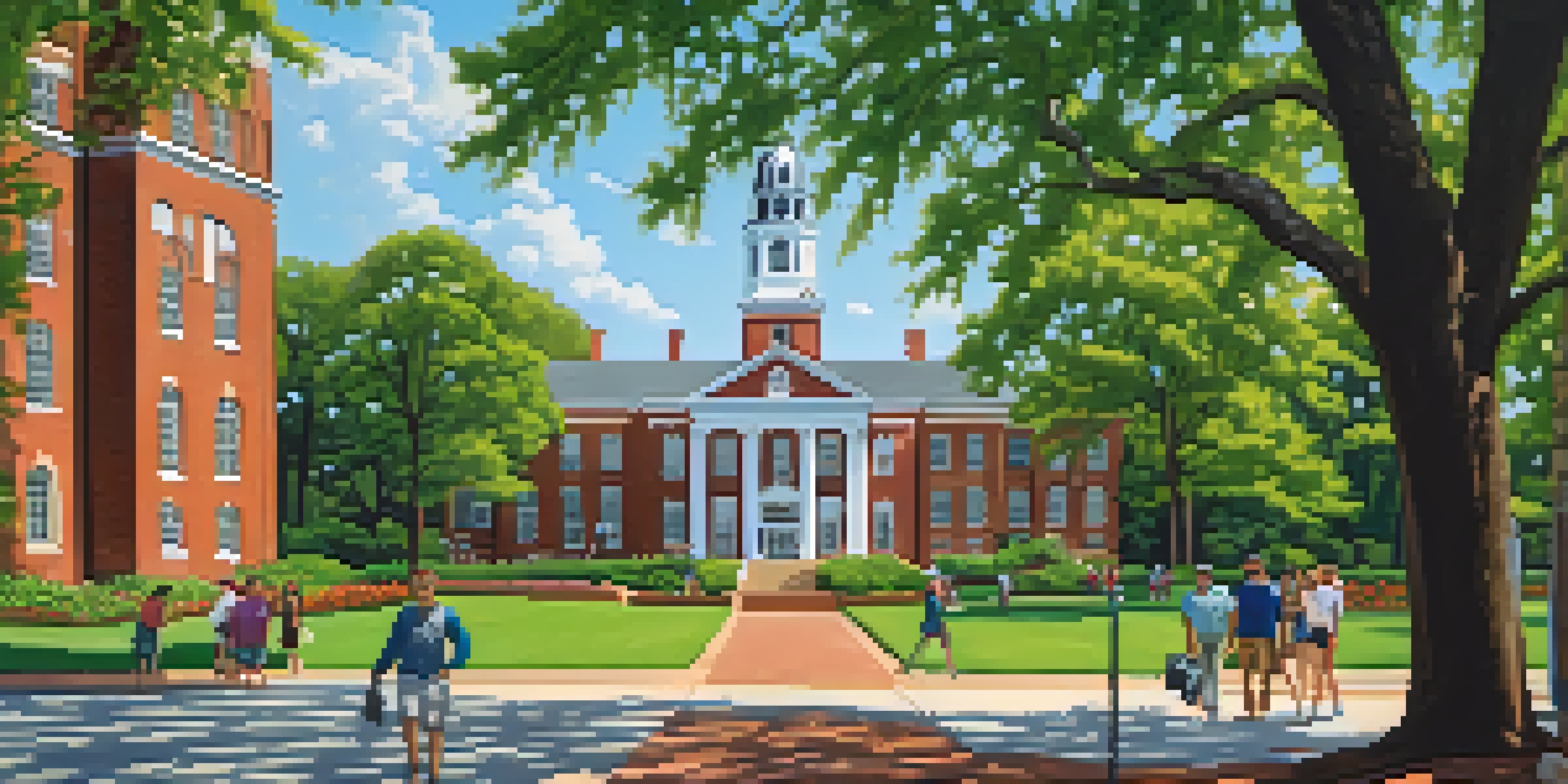 A view of Shaw University with students walking among historic buildings and greenery, depicting a lively campus environment.