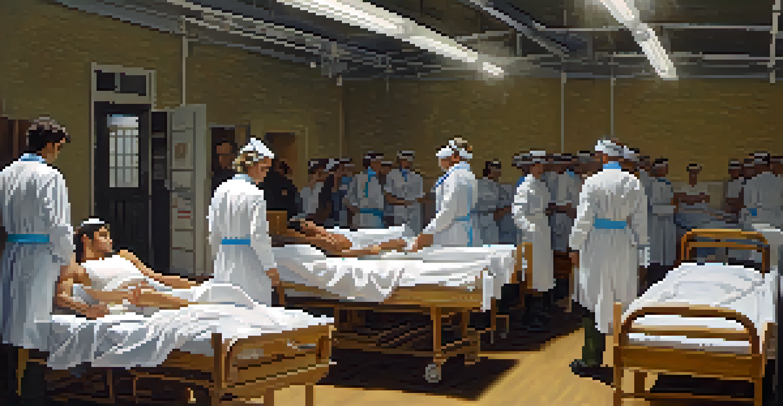 A makeshift hospital scene in Raleigh after a battle, showing injured soldiers being cared for by nurses in a somber yet compassionate atmosphere.