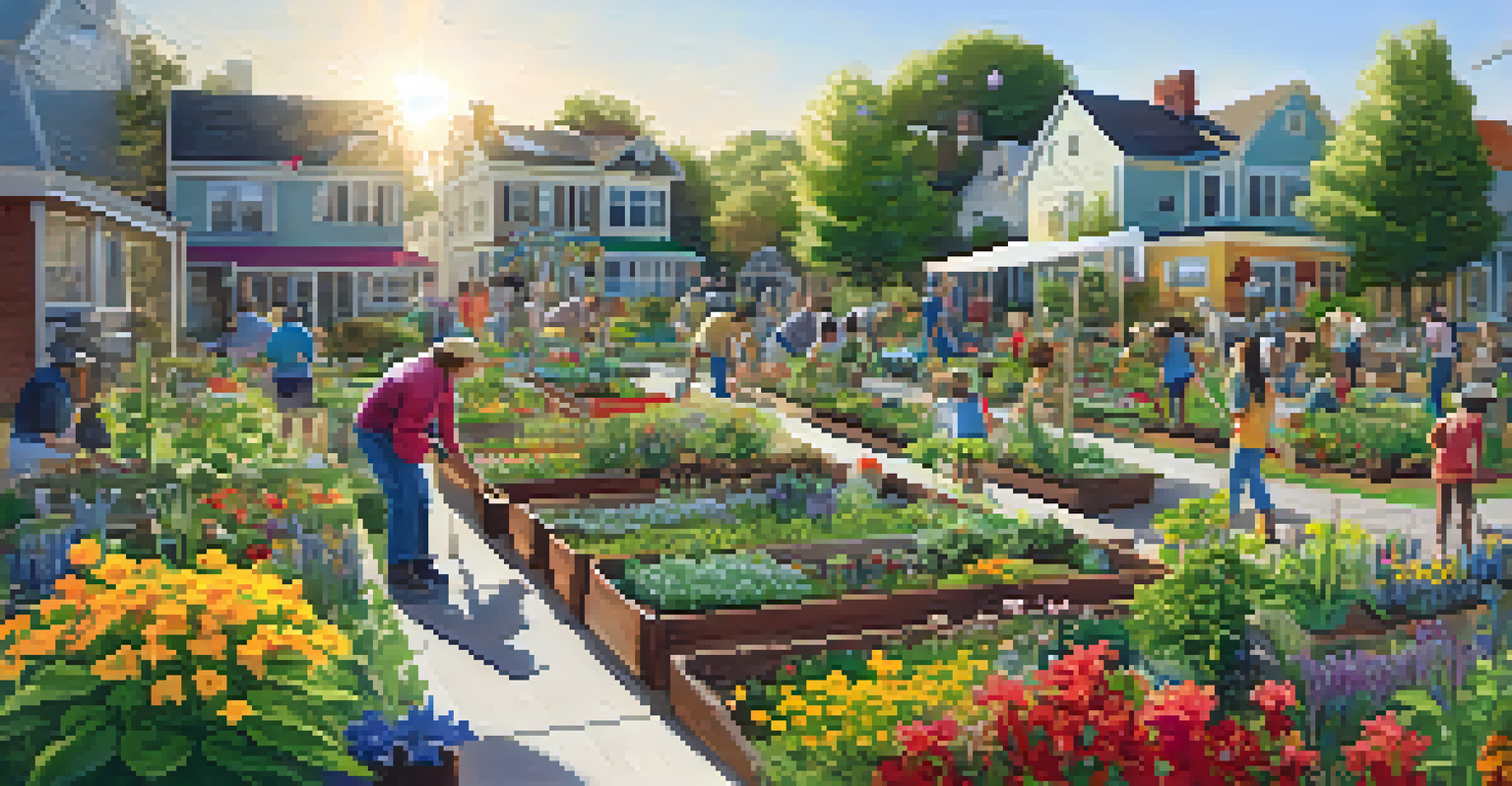 A community garden with residents of all ages planting and watering flowers and vegetables under the sun.