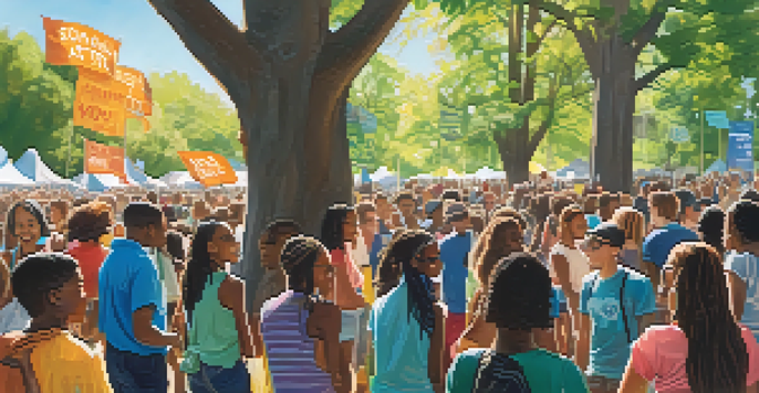 A lively outdoor town hall meeting in Raleigh with diverse youth engaging in political discussions under colorful banners, illuminated by sunlight.