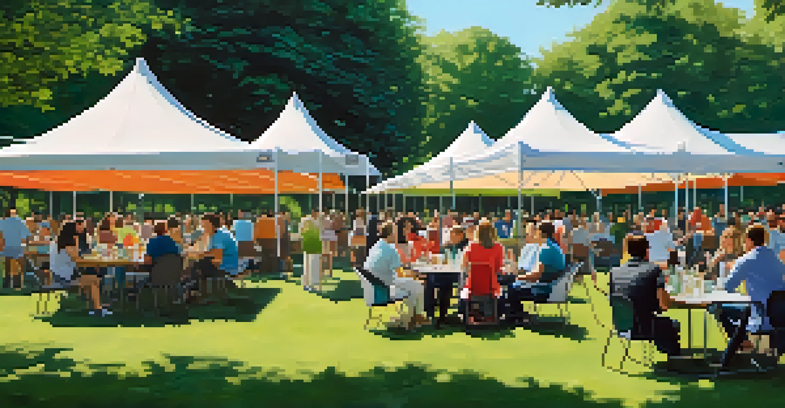 A lively outdoor networking event in a park with people talking and colorful banners, surrounded by greenery and a blue sky.