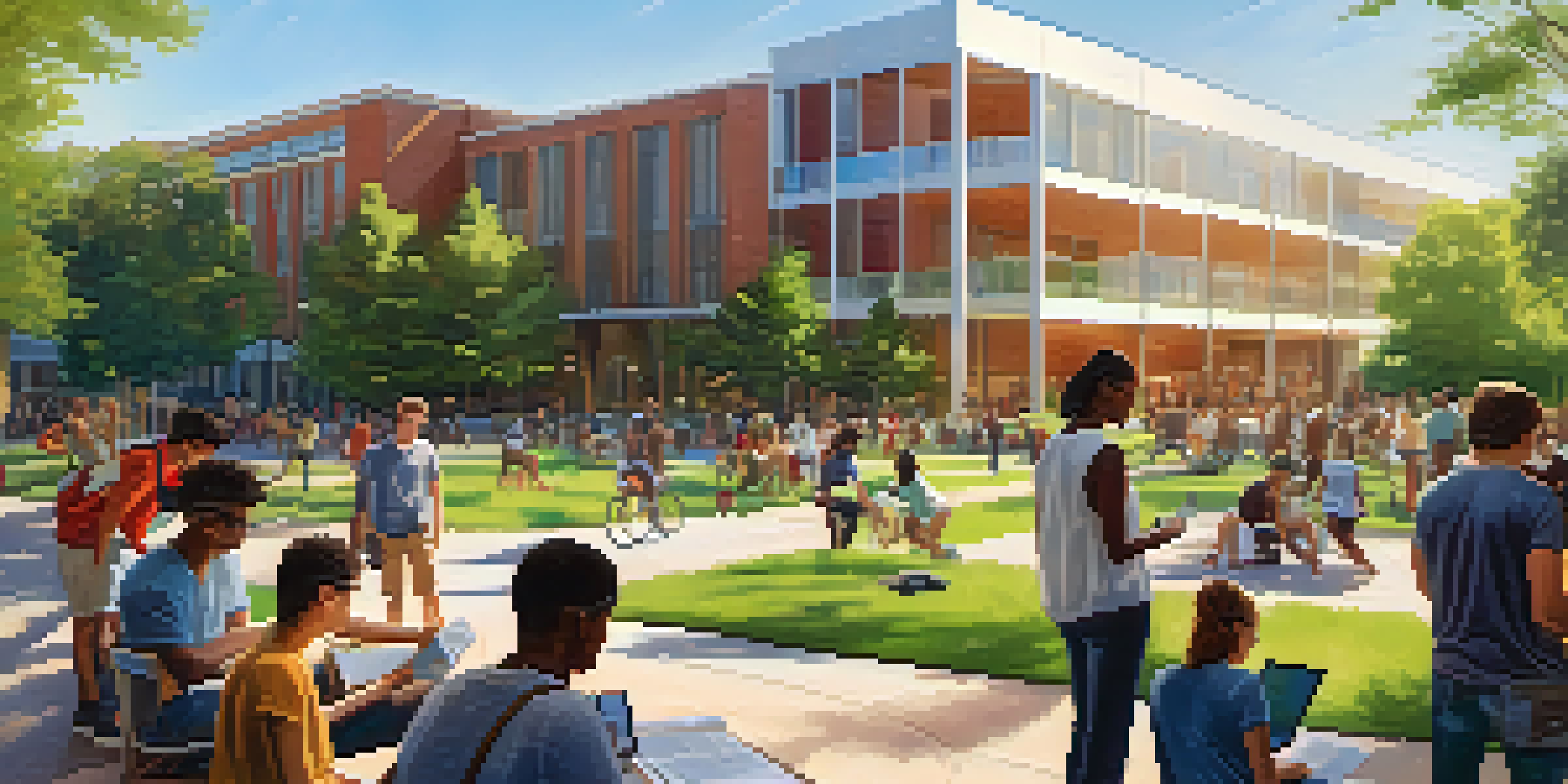 A lively outdoor scene at a university with diverse students working together on projects in a sunny, green environment.