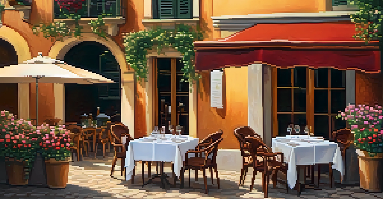 An outdoor dining patio with tables set for Italian cuisine, featuring handmade pasta and wine.