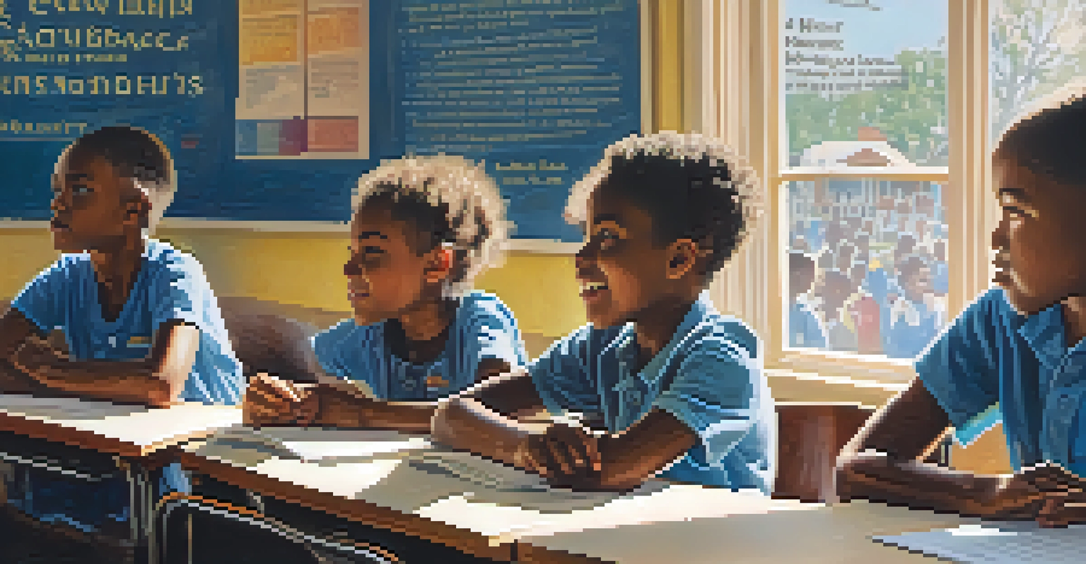 A diverse group of children learning in a Freedom School classroom during the civil rights movement, with educational posters on the walls and a teacher guiding them.