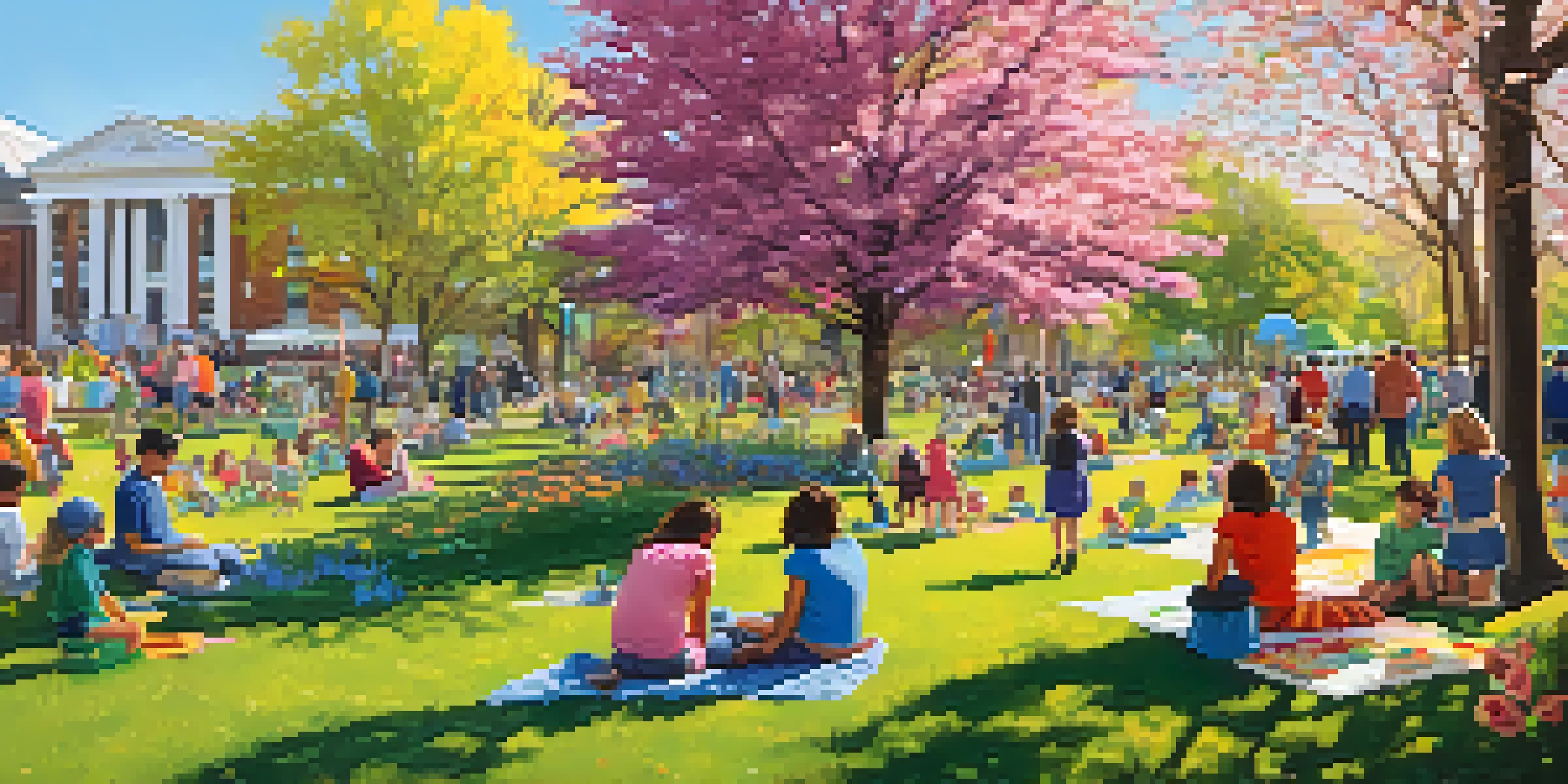 A lively park filled with families enjoying a spring festival, surrounded by blooming flowers and local artists.