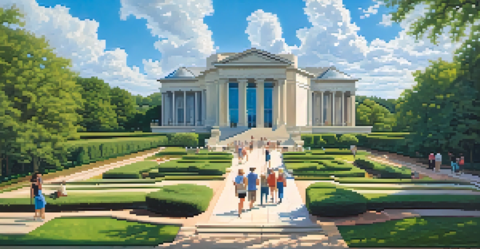 A lively outdoor view of the North Carolina Museum of Art with people enjoying the gardens and sculptures in bright sunlight.
