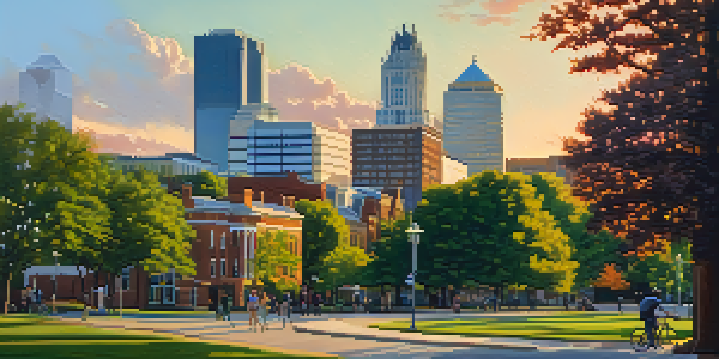 A cityscape of Raleigh, North Carolina, featuring modern tech buildings and historic architecture during sunset.