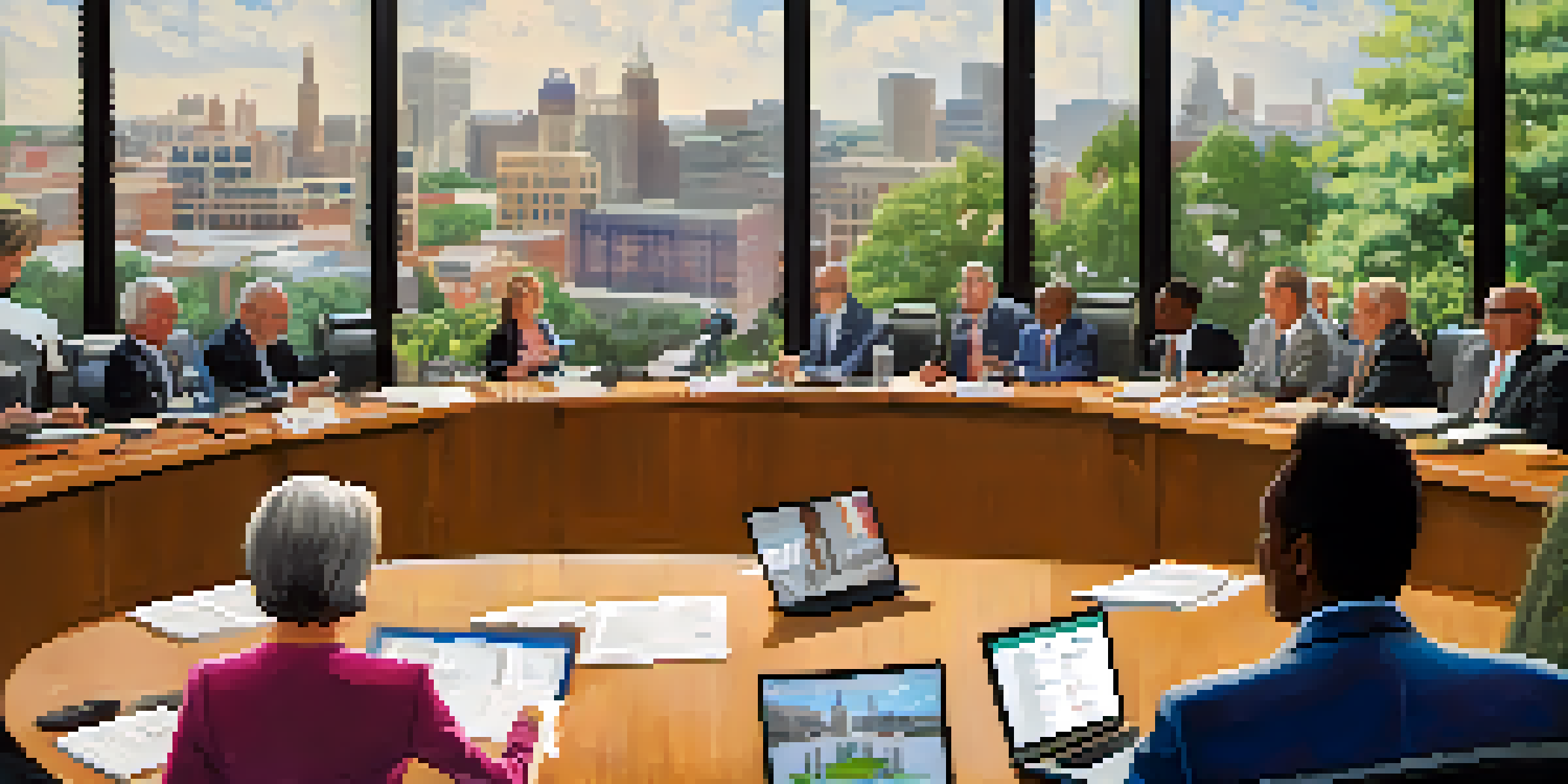 A city council meeting in Raleigh with council members discussing around a round table, natural light pouring in from windows, local artwork on the walls, and potted plants.