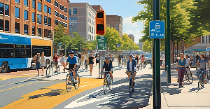An urban street in Raleigh with cyclists in bike lanes, a bus stop, and pedestrians on wide pathways under warm sunlight.