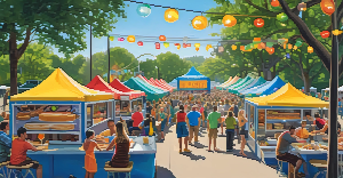 An outdoor food truck festival in Raleigh with colorful trucks and people enjoying food at picnic tables.