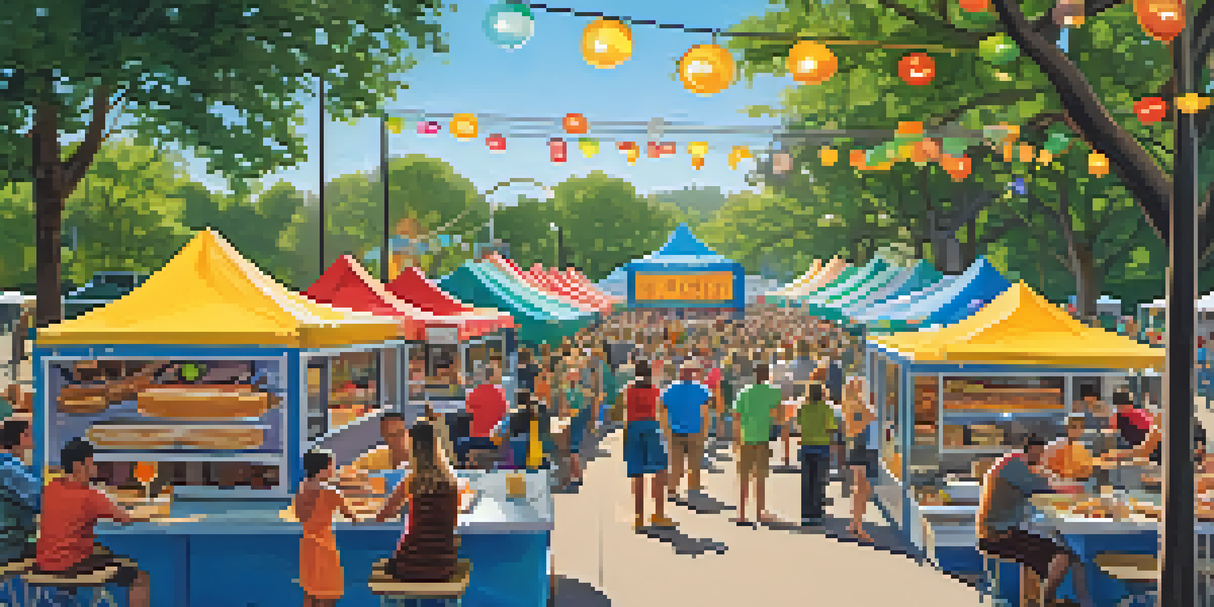 An outdoor food truck festival in Raleigh with colorful trucks and people enjoying food at picnic tables.