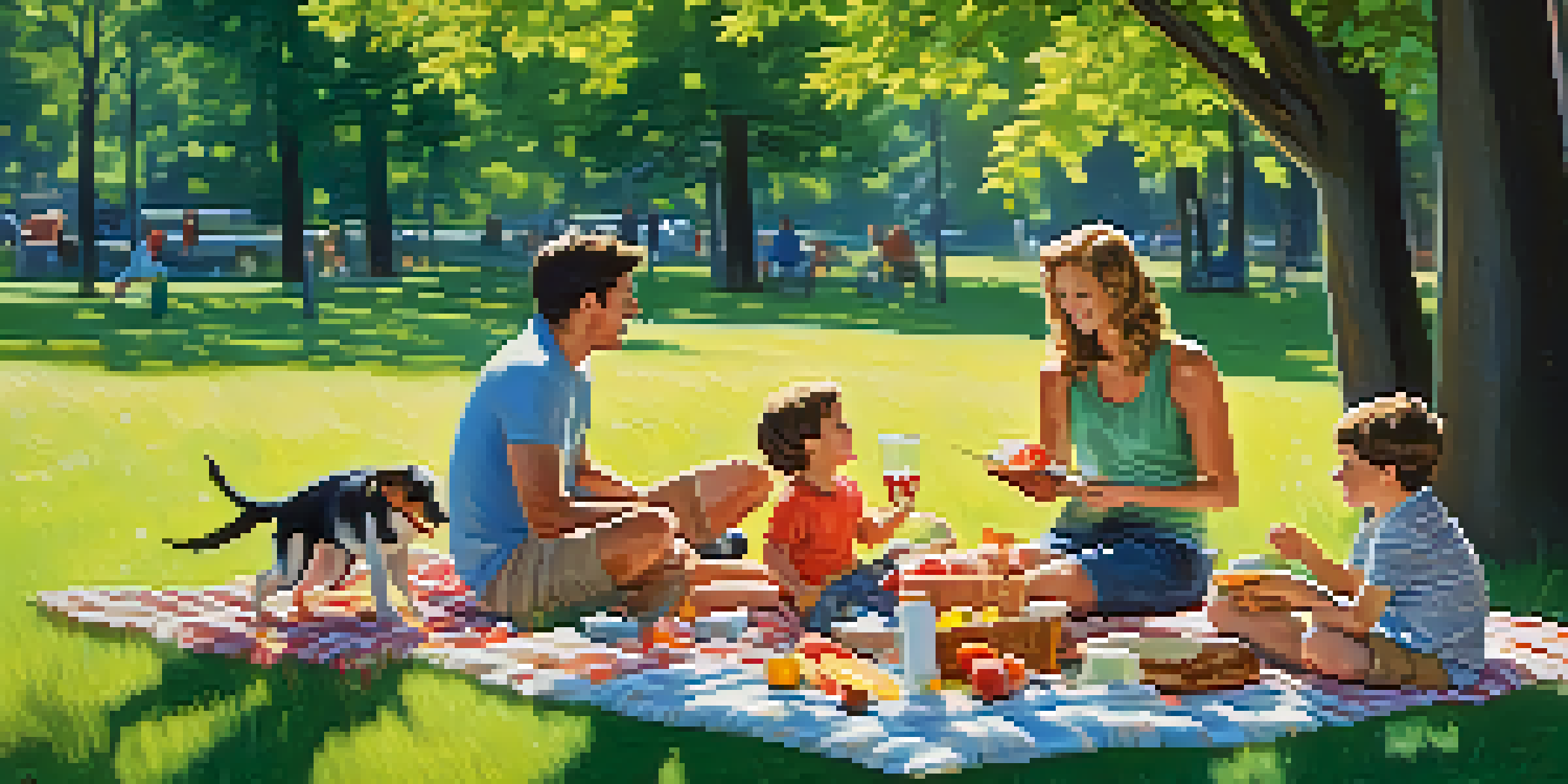 A family having a picnic in a sunny park with a blanket, food, and a dog playing nearby.