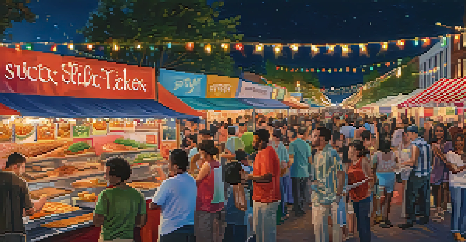 A vibrant night market scene with food trucks and people enjoying a variety of international cuisines under string lights.
