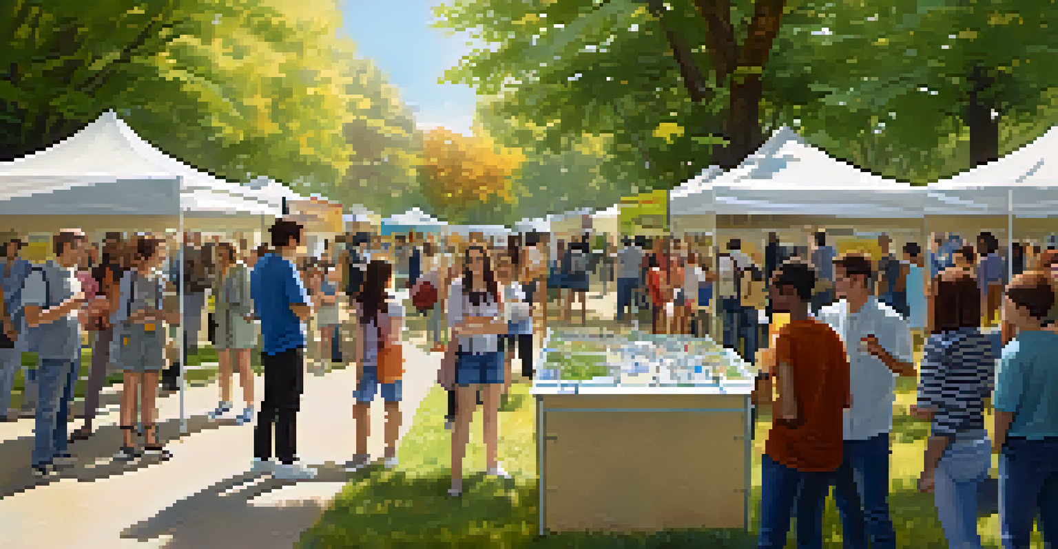 University students engaging with local residents at a community event, presenting innovative projects in a park setting.