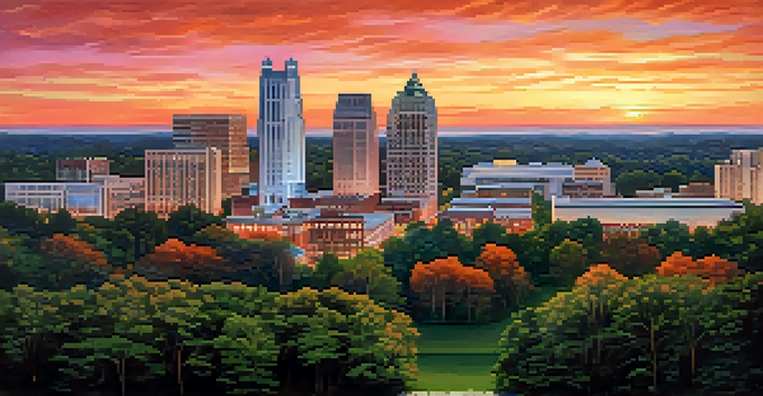 A stunning sunset view of Raleigh's skyline featuring modern skyscrapers and historic buildings, with vibrant colors reflecting off glass surfaces.