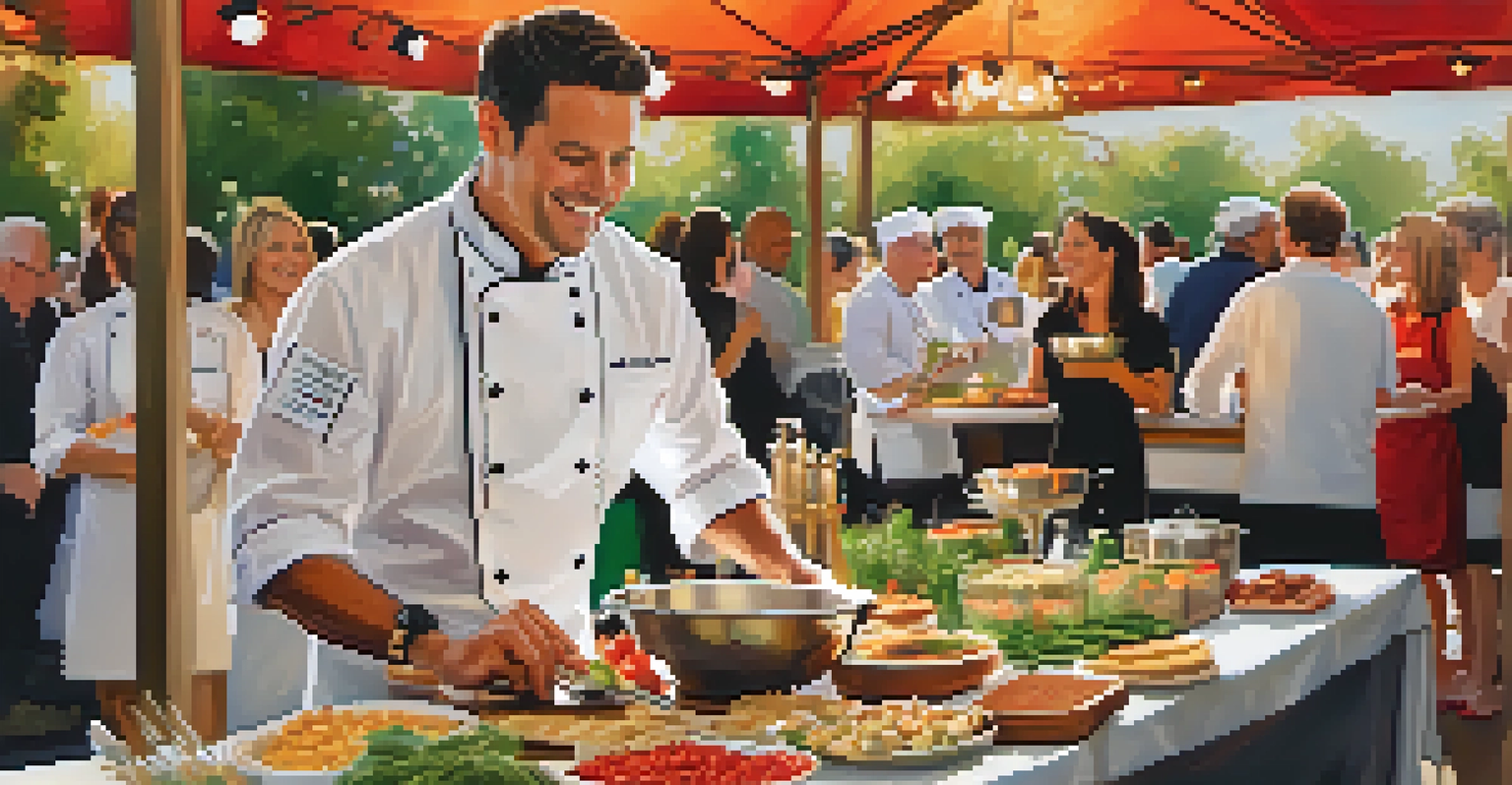 A chef demonstrating cooking techniques at the Raleigh Food and Wine Festival, surrounded by attendees sampling delicious dishes and enjoying the vibrant atmosphere.