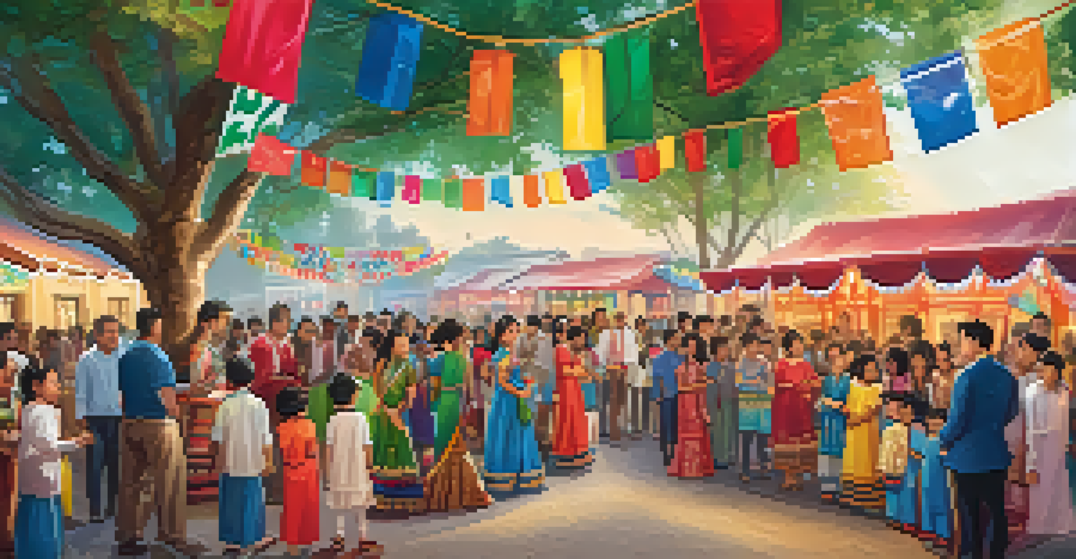 A joyful celebration of cultural diversity at a school event, featuring families in traditional attire and vibrant decorations.