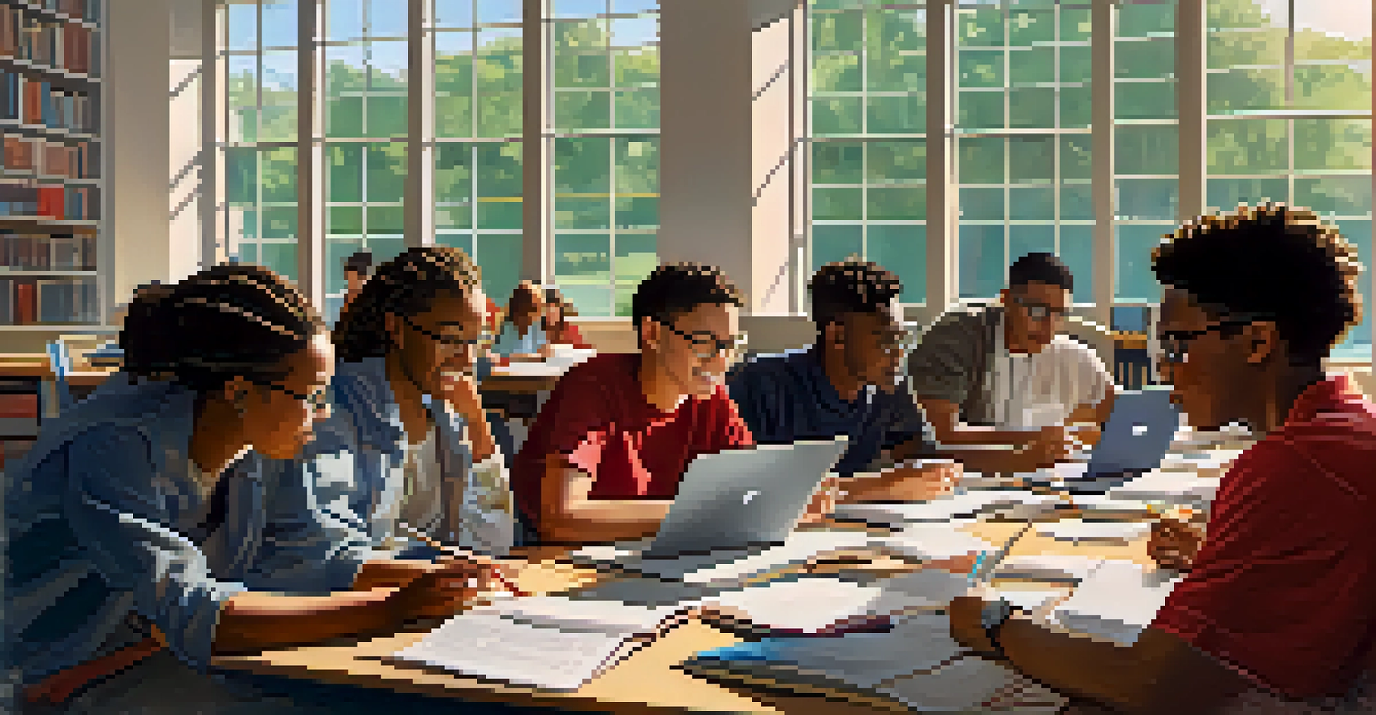 Students collaborating in a study session at North Carolina State University, surrounded by books and laptops, illuminated by natural light.