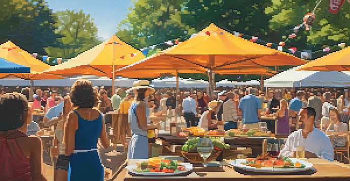 A lively outdoor food festival with beautifully plated gourmet dishes and cheerful attendees enjoying the event.