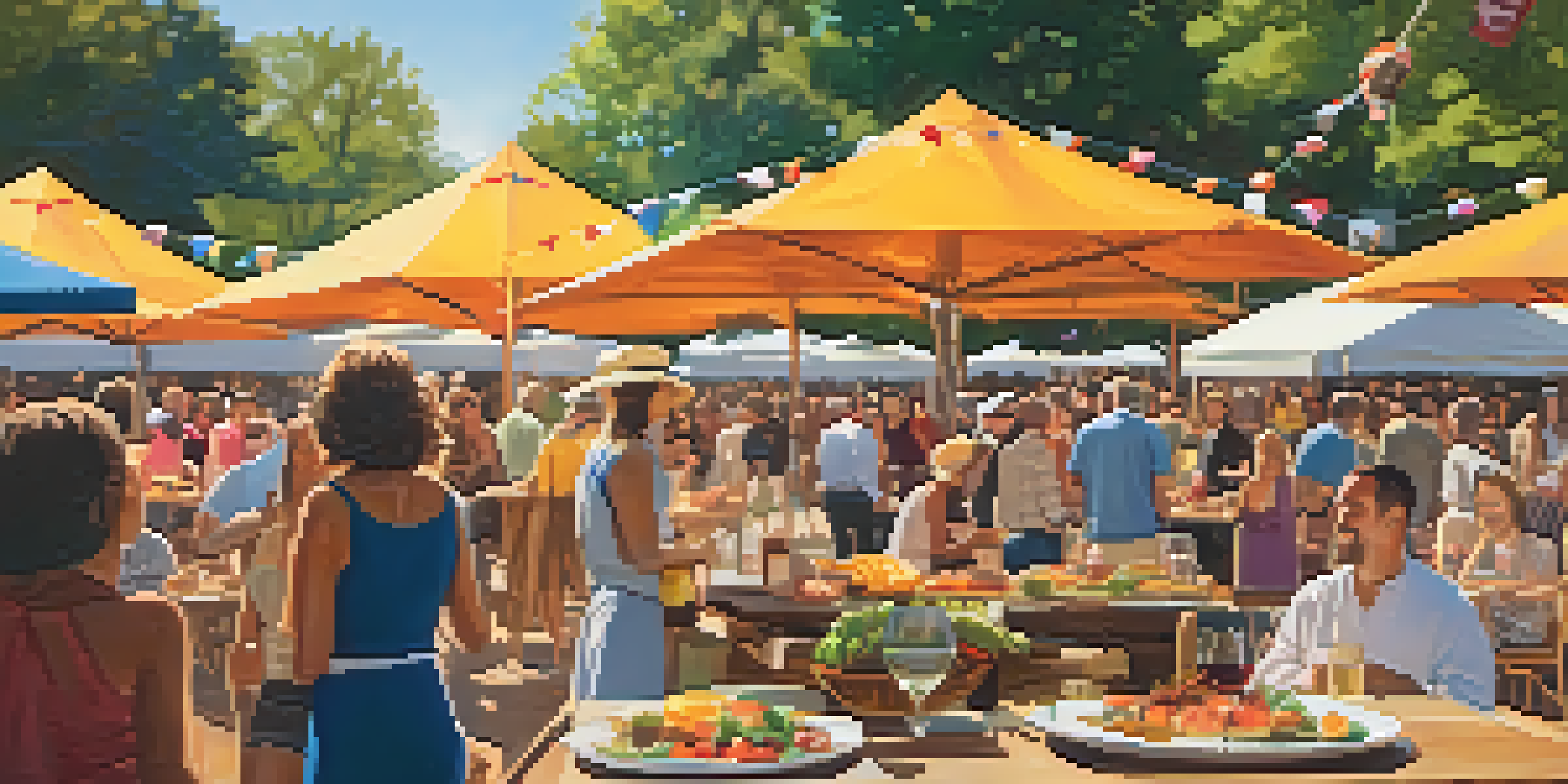 A lively outdoor food festival with beautifully plated gourmet dishes and cheerful attendees enjoying the event.
