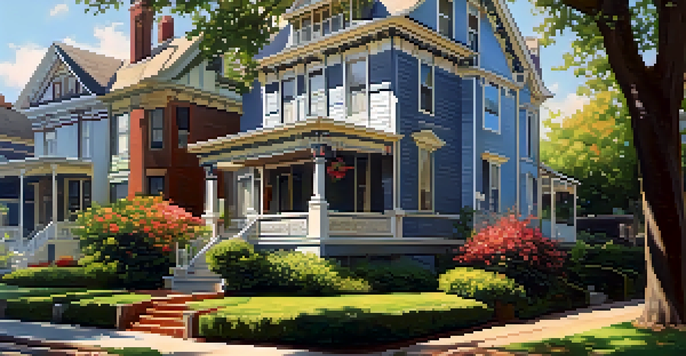 Charming Historic Oakwood neighborhood showcasing Victorian homes and blooming gardens on a sunny day.