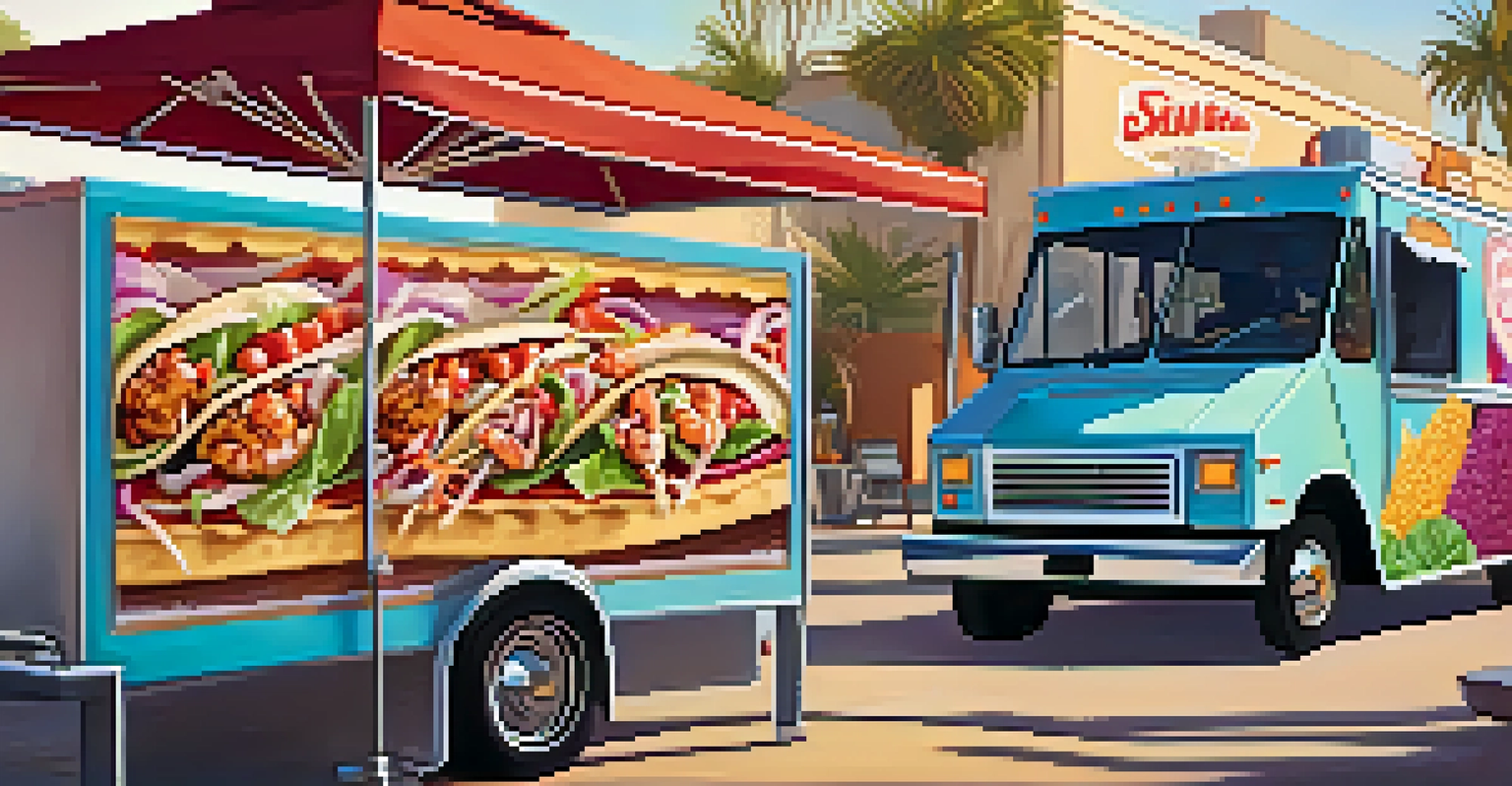 A close-up of a gourmet shrimp taco being made at a food truck with fresh ingredients.