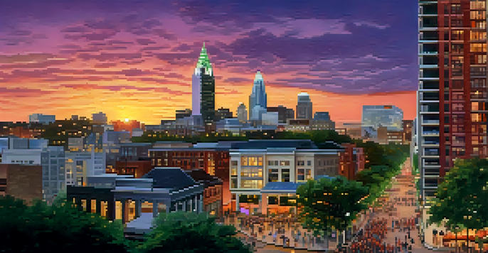 Aerial view of Raleigh, North Carolina, featuring skyscrapers and green spaces during sunset.