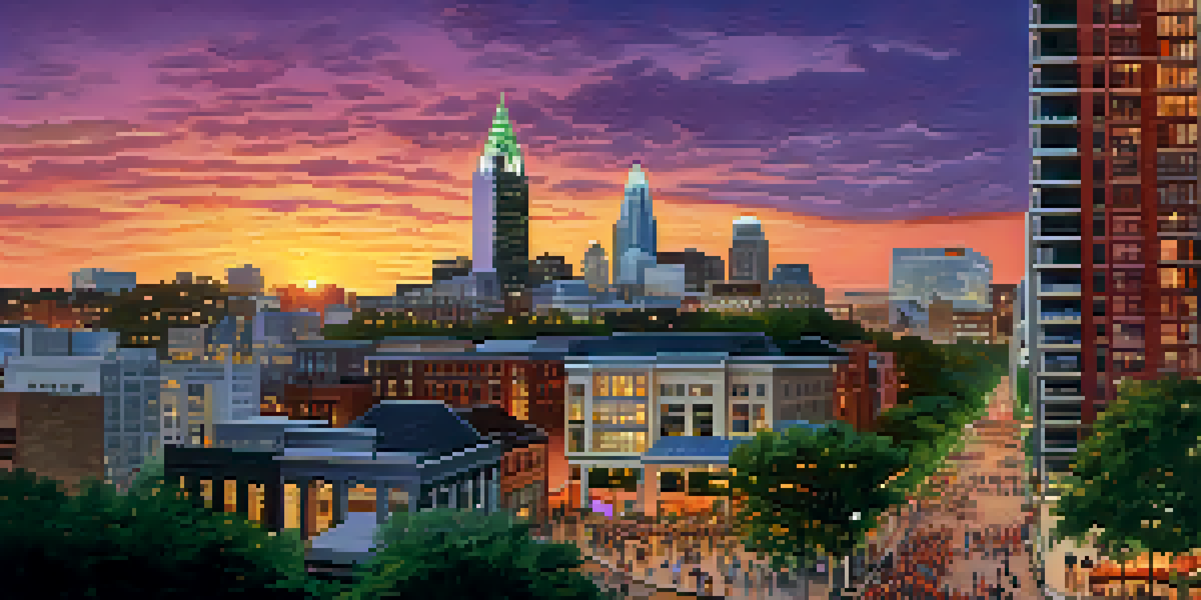 Aerial view of Raleigh, North Carolina, featuring skyscrapers and green spaces during sunset.