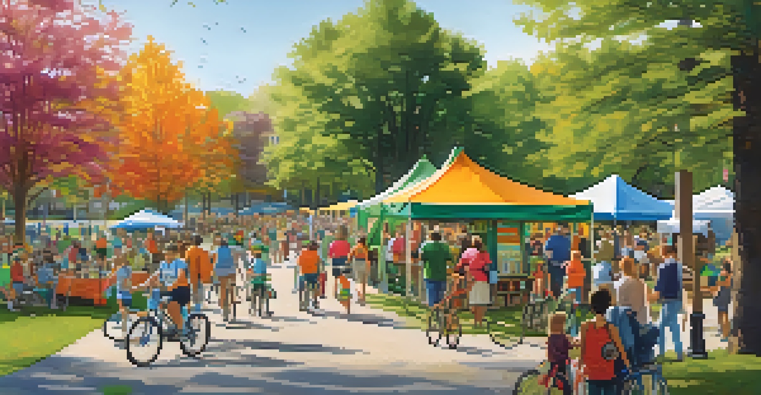 A community event in a Raleigh park showcasing eco-friendly transportation, with people biking and walking on paths.
