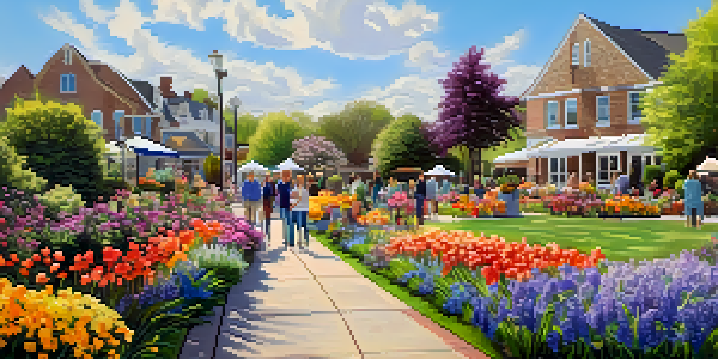 A colorful spring garden with flowers blooming and local artists displaying their artwork, families enjoying the event under the bright sun.