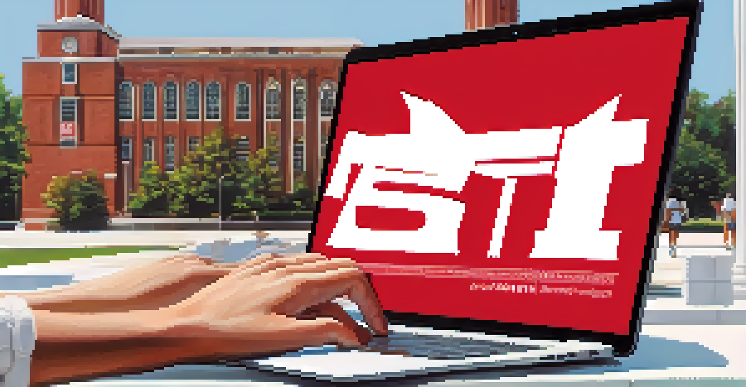 Close-up of hands typing on a laptop with the North Carolina State University campus in the background, showcasing coding or innovative software.