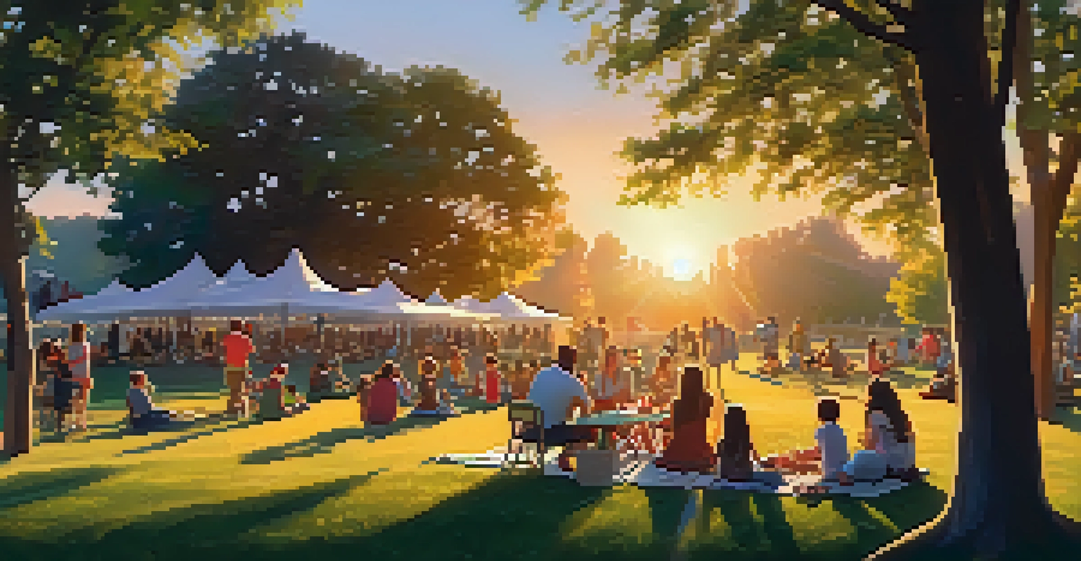 A family-friendly outdoor festival scene with a sunset background, featuring musicians performing and families picnicking on the lawn.