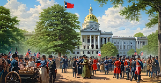 A historical scene of Raleigh during the Civil War, featuring the State Capitol and citizens in period attire, with flags and a community gathering.