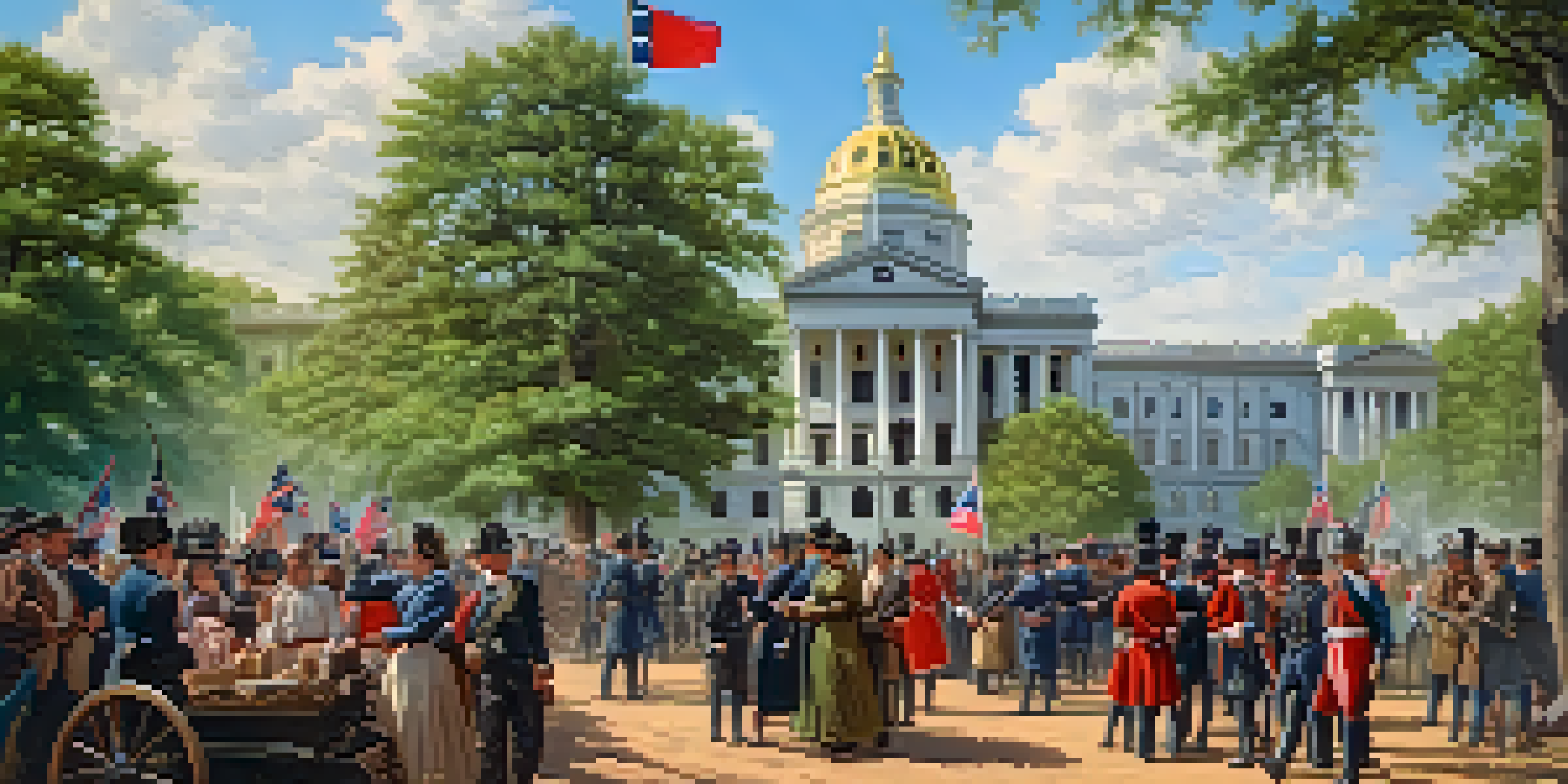 A historical scene of Raleigh during the Civil War, featuring the State Capitol and citizens in period attire, with flags and a community gathering.