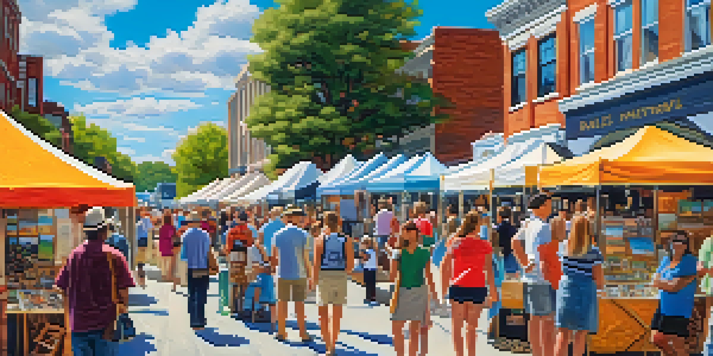 A lively street scene at the Raleigh Arts Festival with colorful artist booths and a crowd enjoying art and music.
