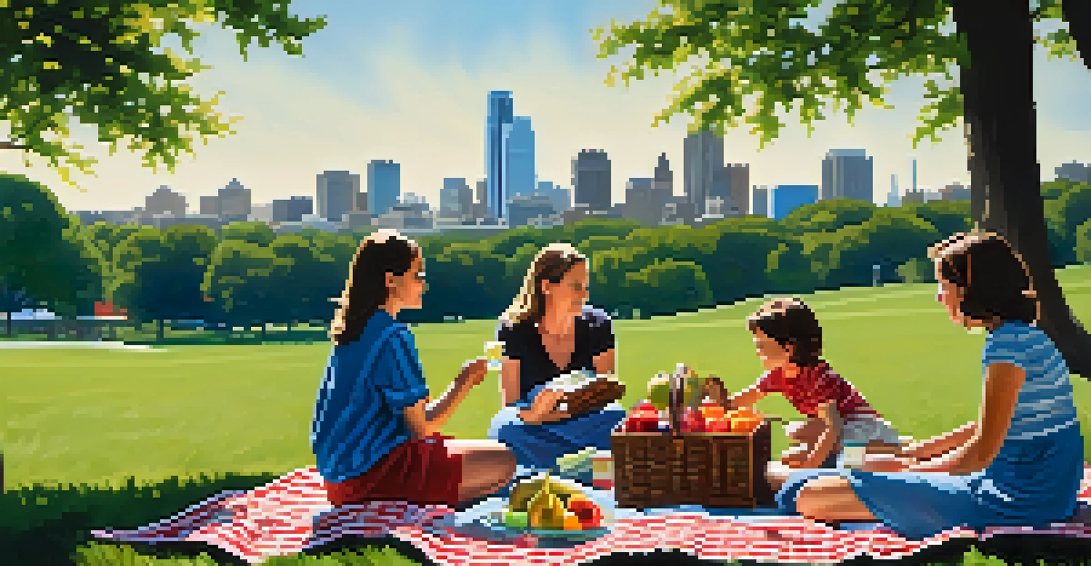 A family enjoying a picnic at Dorothea Dix Park with the Raleigh skyline in the background.