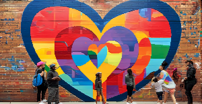 A colorful mural depicting a heart surrounded by abstract designs, with people interacting nearby, showcasing community spirit.