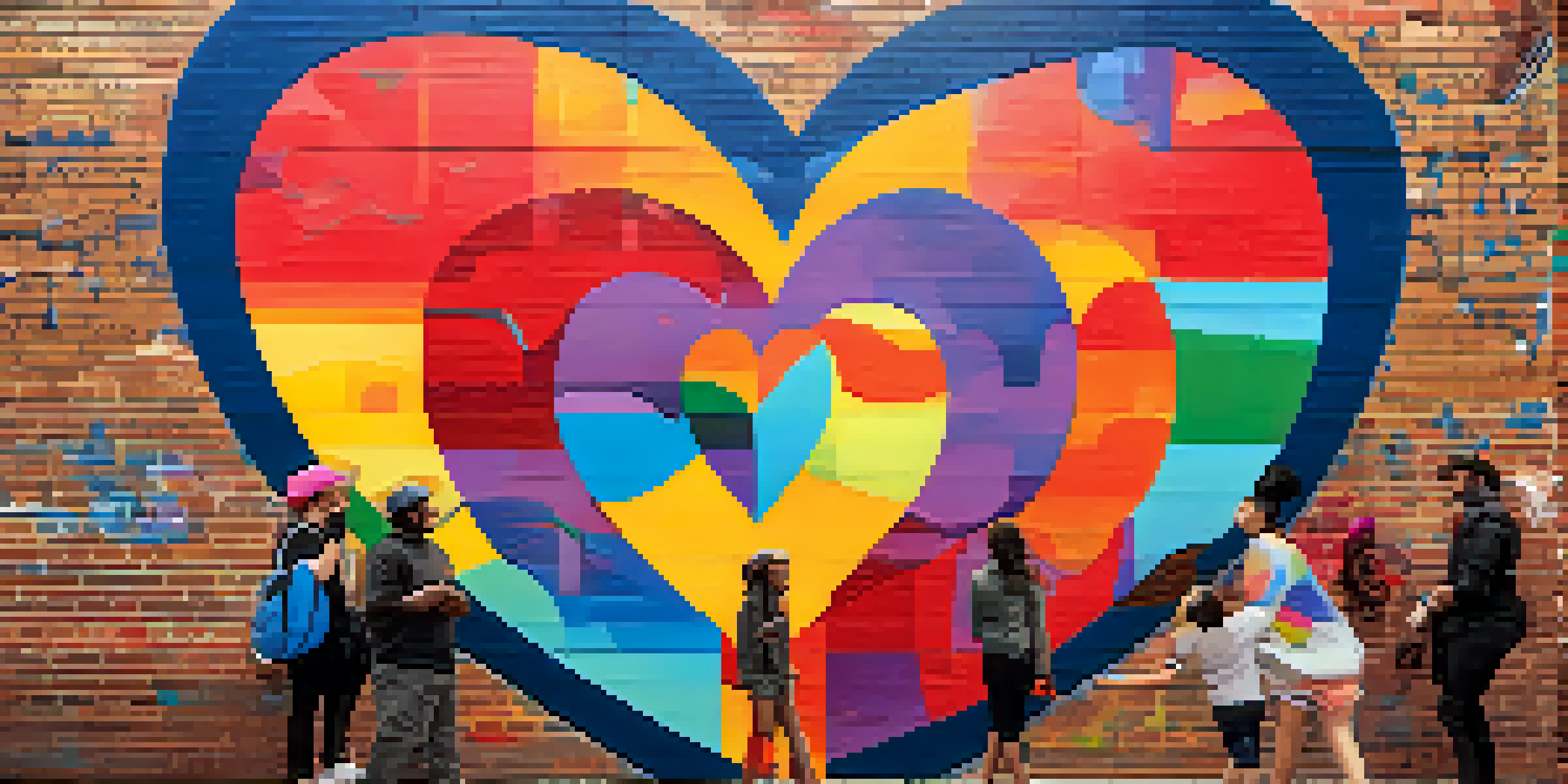 A colorful mural depicting a heart surrounded by abstract designs, with people interacting nearby, showcasing community spirit.