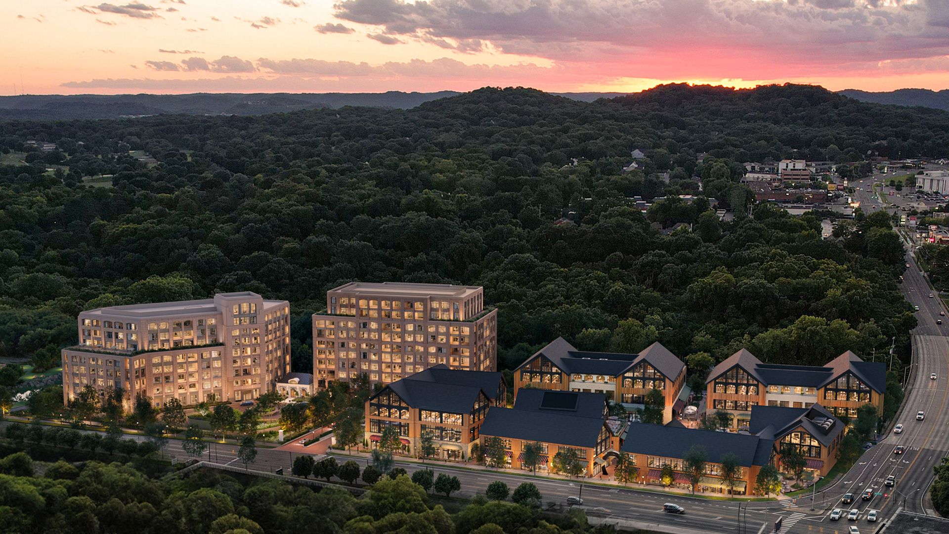 aerial view of Belle Meade Village and 1 Iris lane at dusk