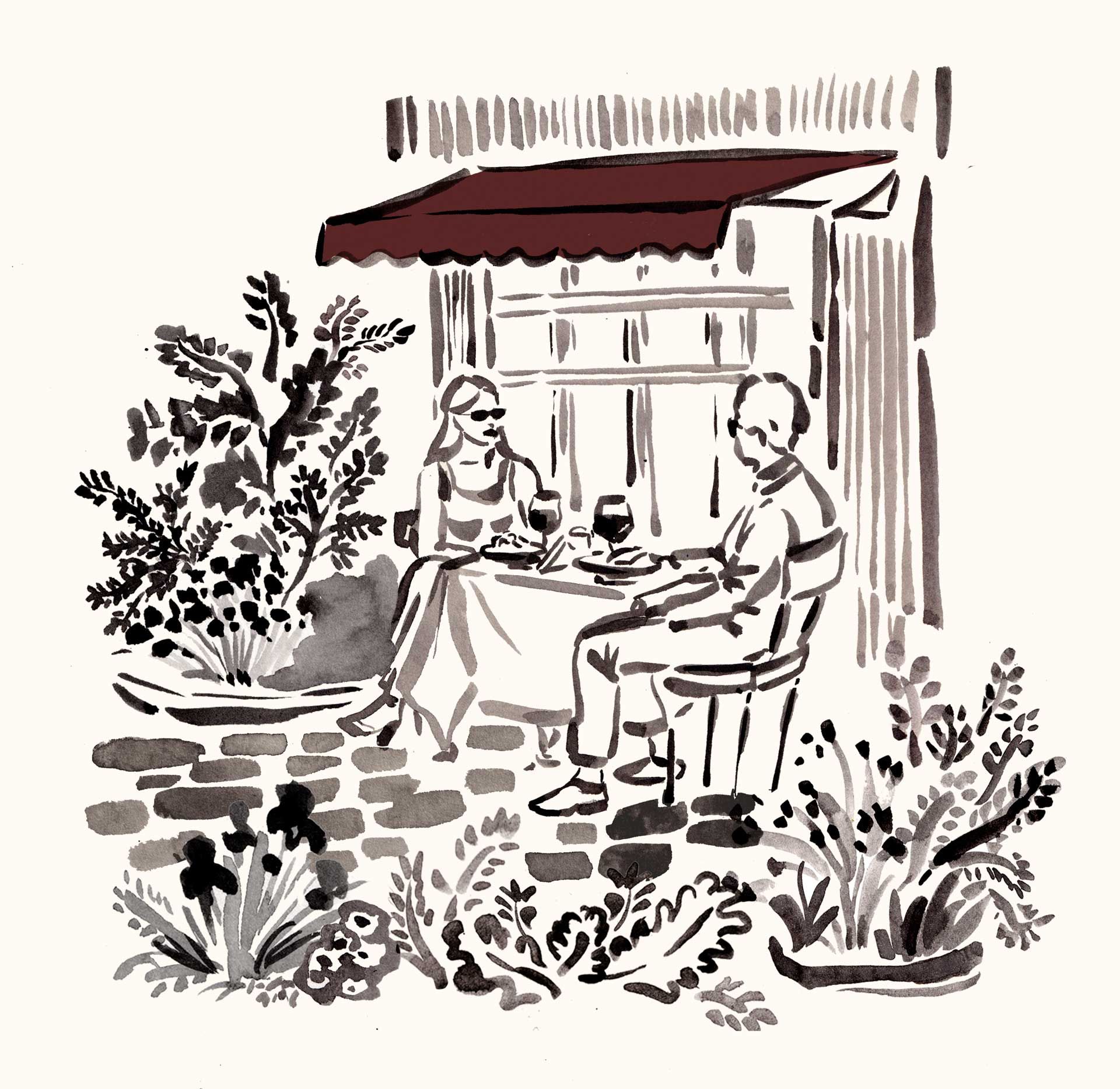 watercolor of two people sharing a glass of wine on a patio