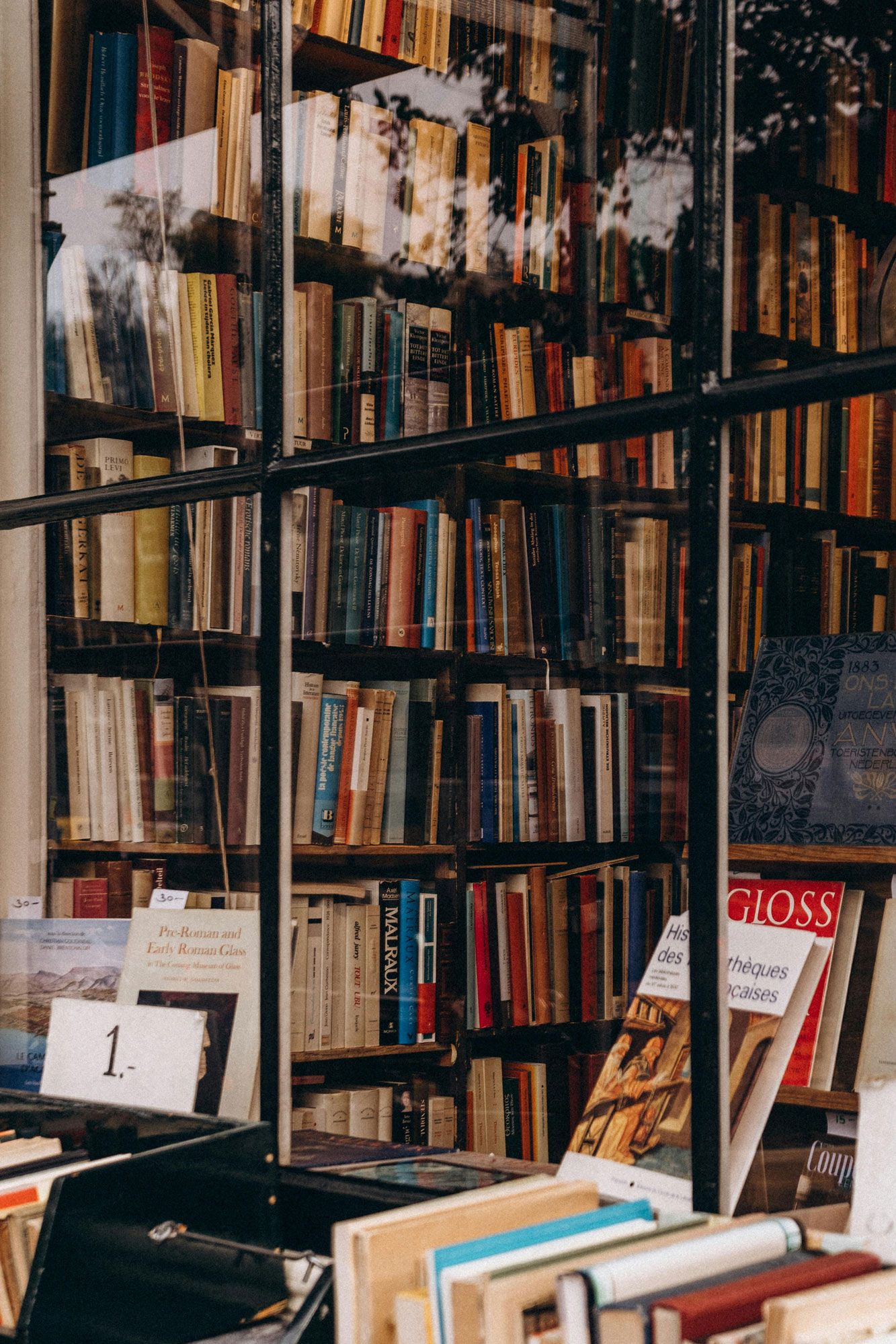 view of a bookstore through a window