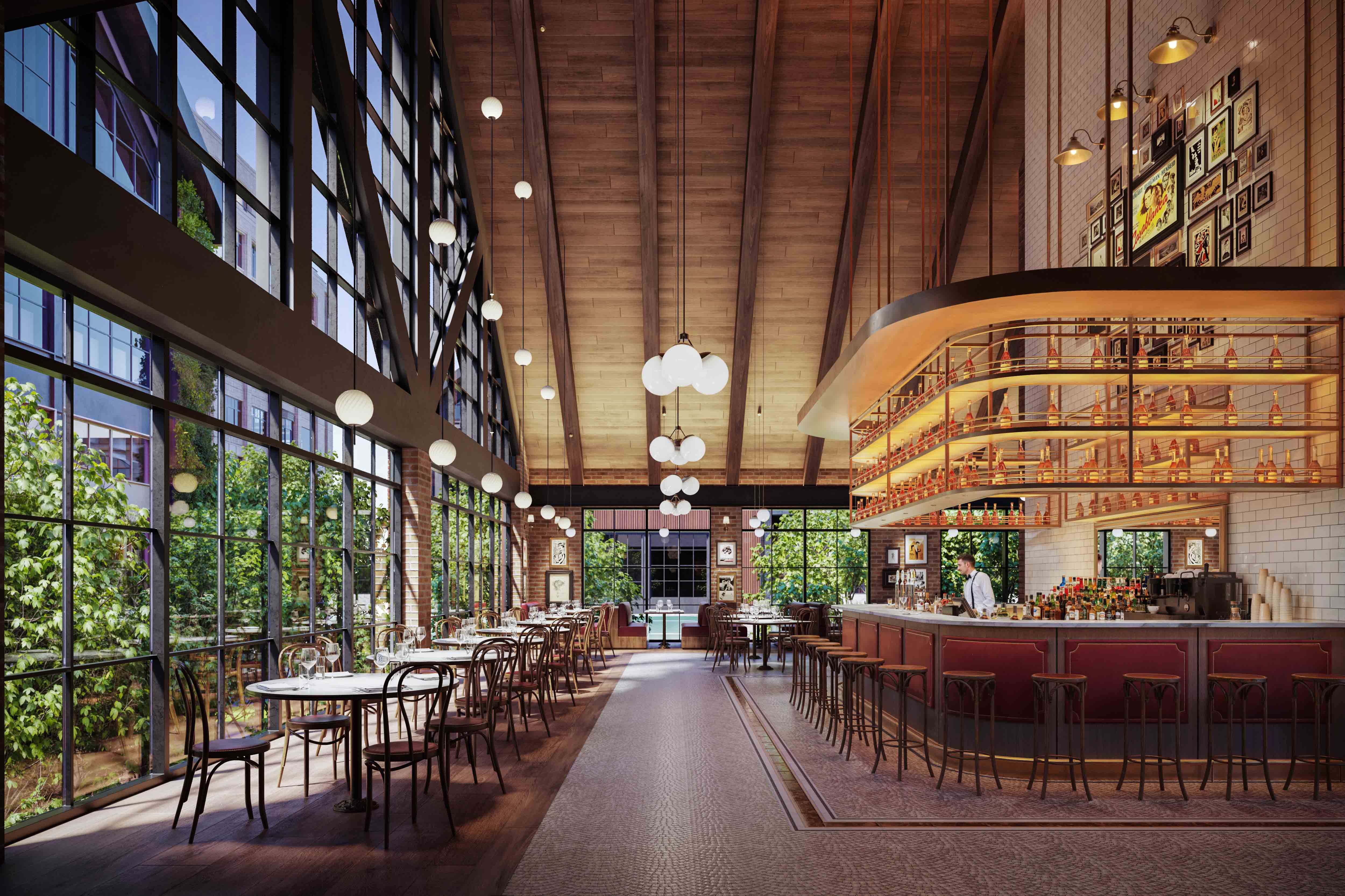 rendering of a restaurant with a wrap-around bar