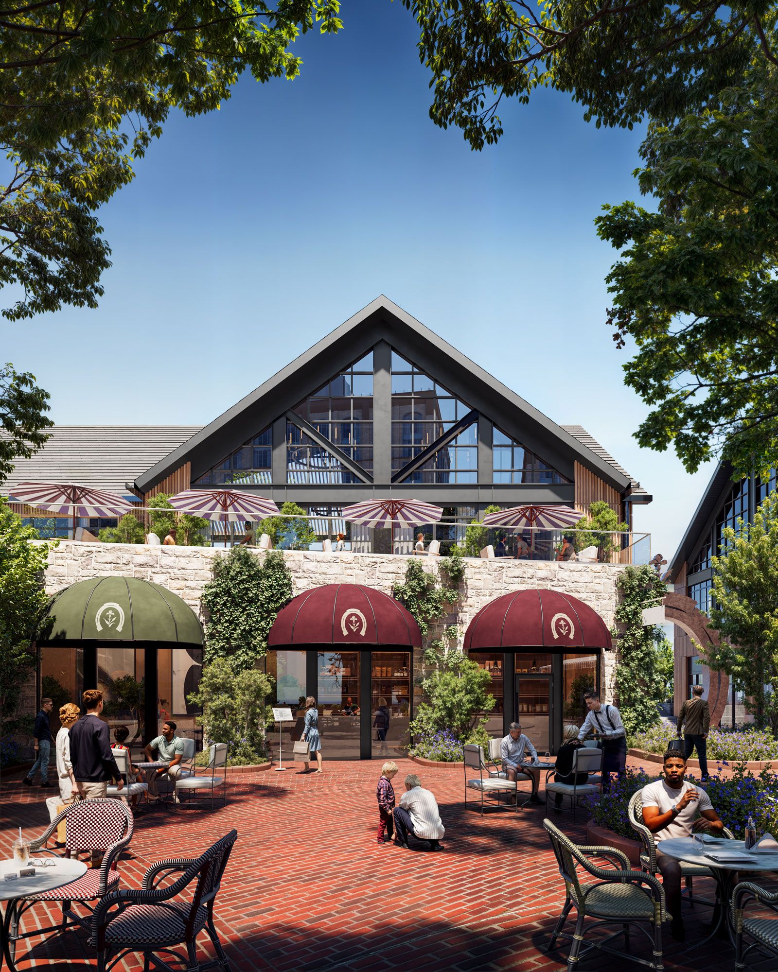 rendering of garden courtyard with dining tables and red and green awnings
