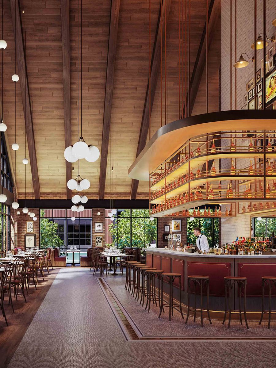 rendering of a restaurant with a wrap-around bar