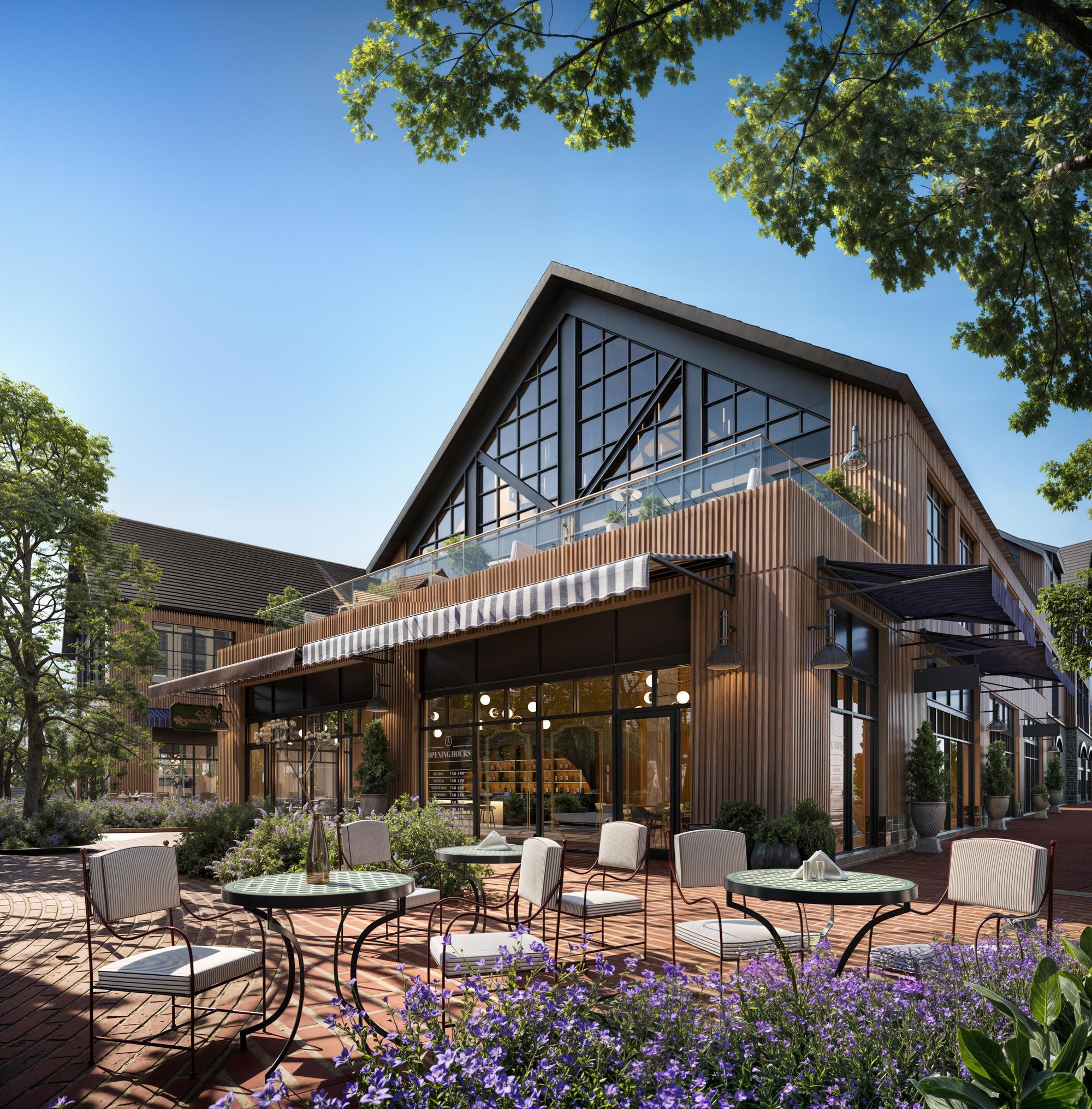 rendering of restaurant with large outdoor patio in front