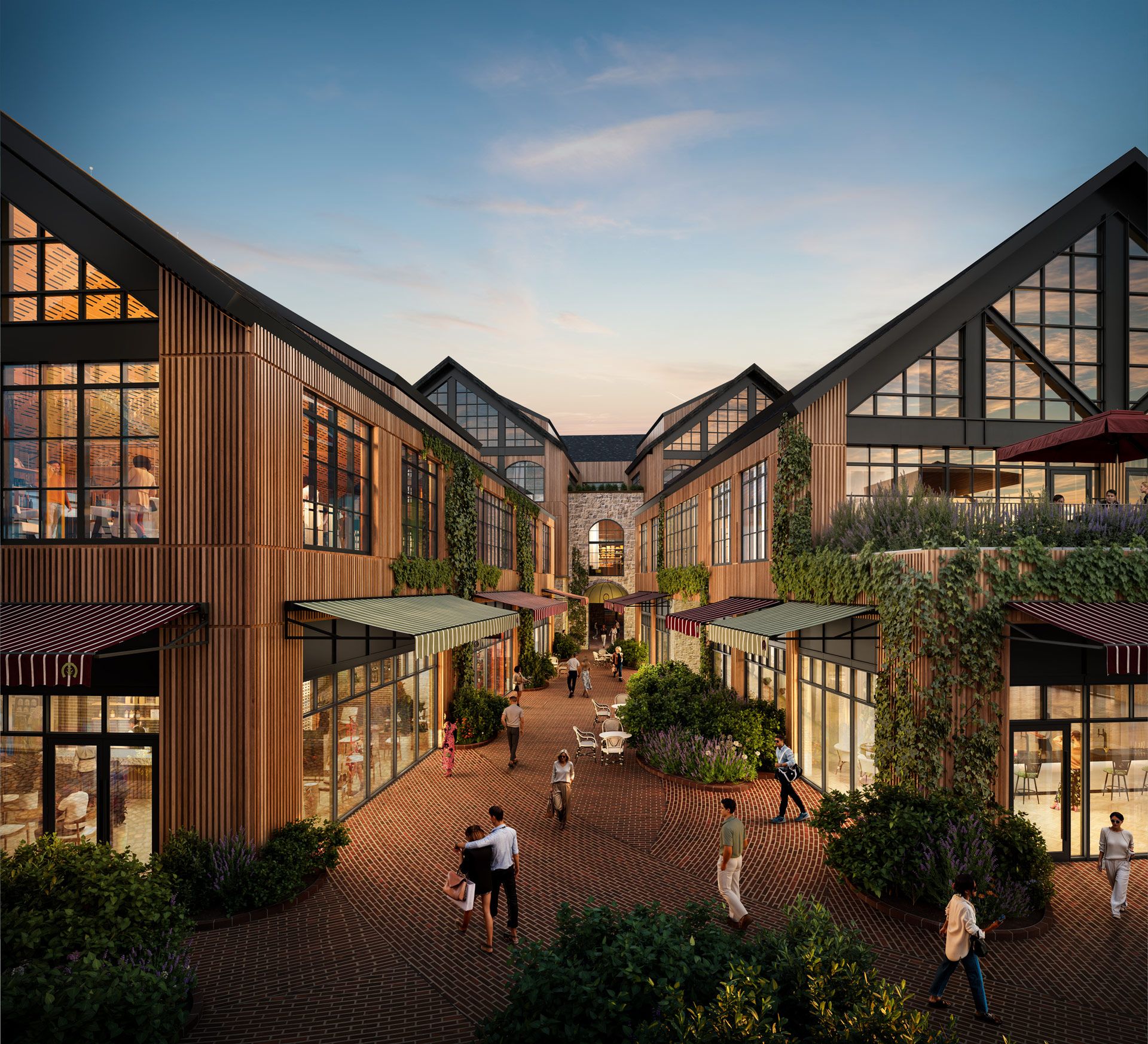rendering of pathway between two buildings featuring retailers and restaurants