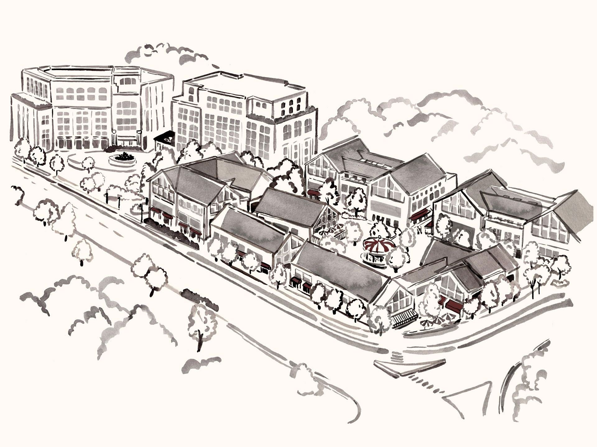 watercolor of aerial view of Belle Meade Village