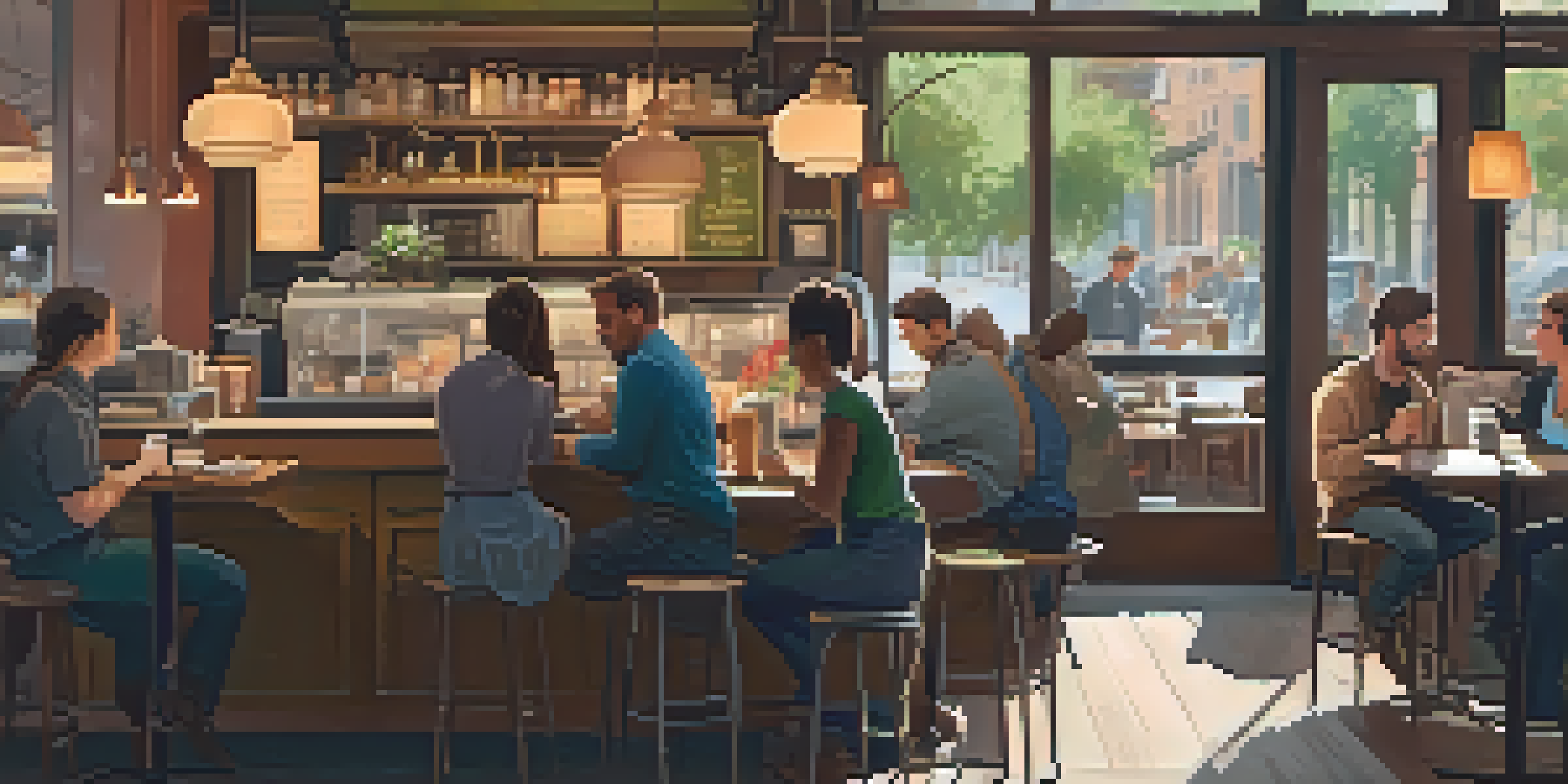 A warm and inviting café with people enjoying their time, using smartphones, and a barista preparing coffee.