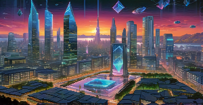 A futuristic city with neon lights and people using holographic screens, representing Ethereum technology.