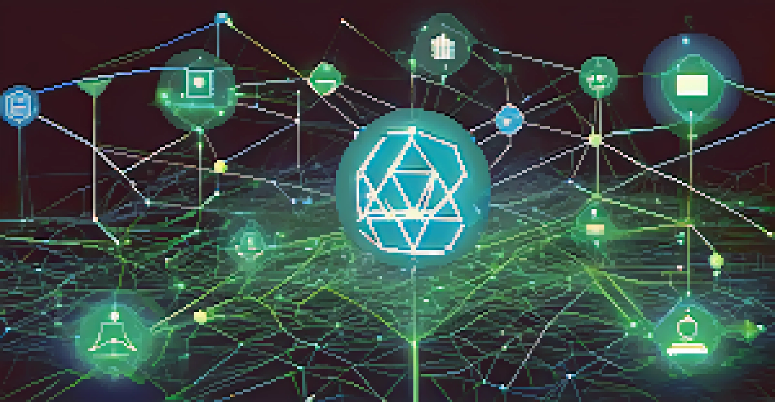 A digital illustration of a blockchain network with interconnected nodes and identity icons in blue and green colors.